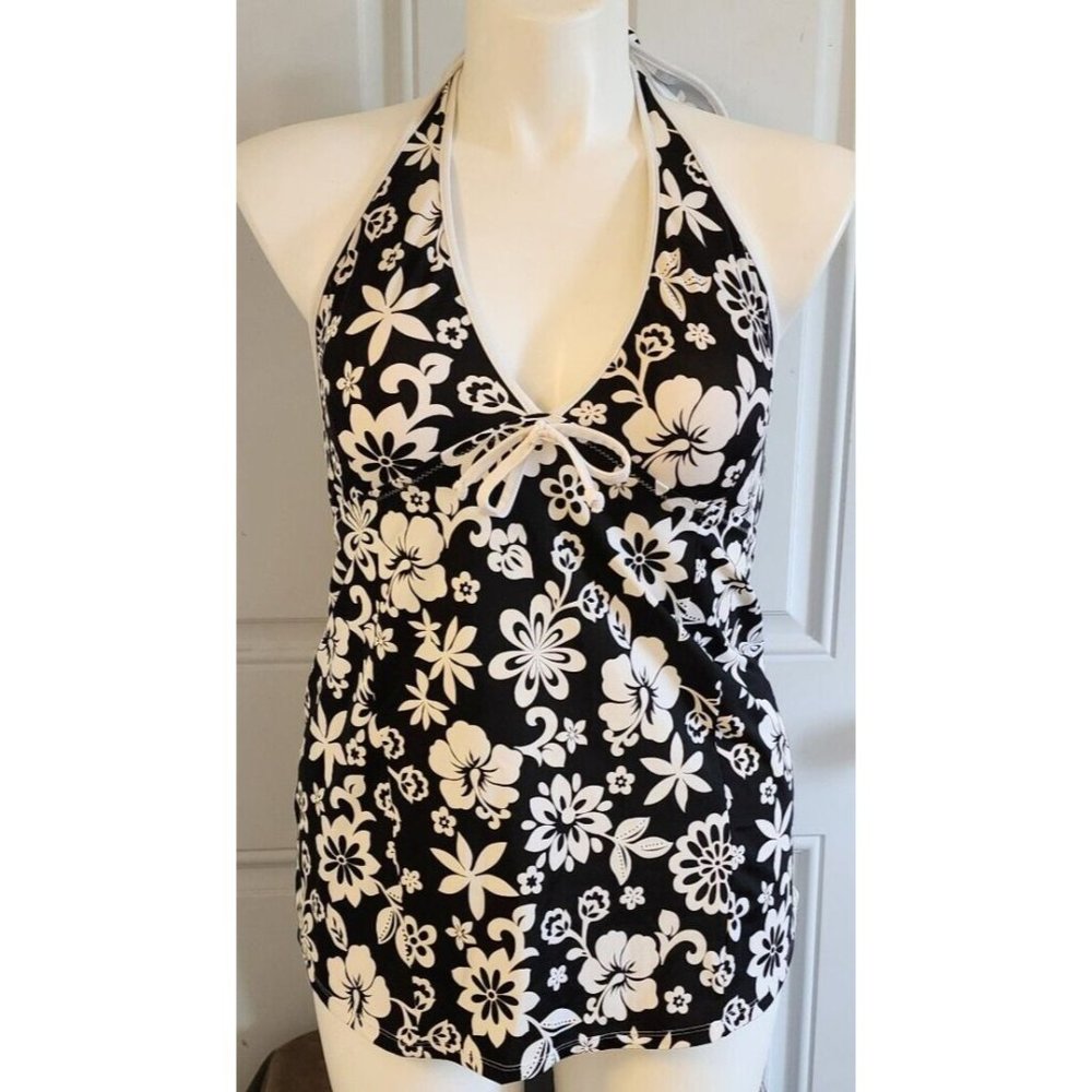 Motherhood Maternity Women's Halter Neck Tankini Top Black/White Floral Sz Large